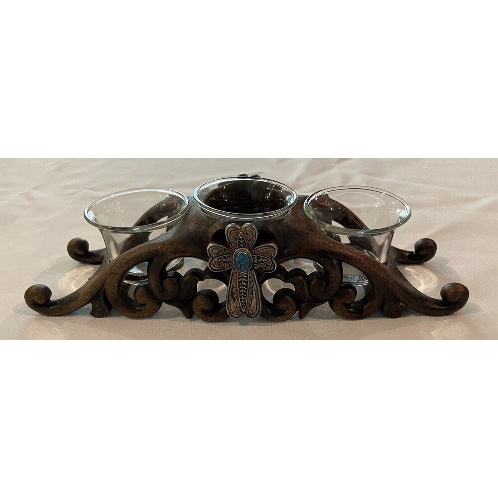 Beautiful Resin 3 Votive Candles Holder W/ Glass Cups & 2 Crosses On Both Sides.